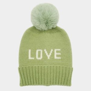 Green knit light green fur Pom Pom beanie hat